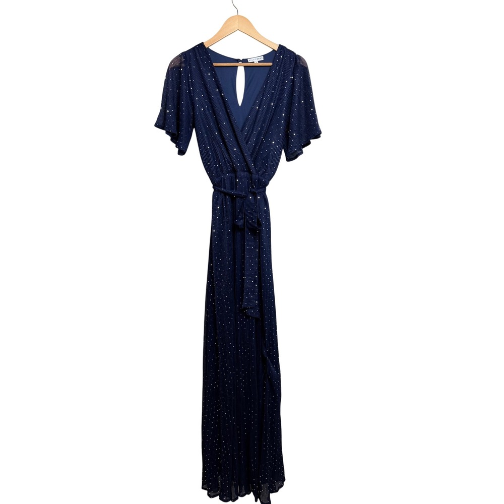 Baltic Born Navy Blue Sparkles Pleated Maxi Dress Flutter Sleeve V-Neck Small